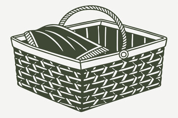 Obraz premium 31 Woven fabric basket, dark sage green, textured surface, overlapping layers, rounded square shape, handles on sides, soft cushion design, minimalist style, modern home decor, intricate weave pattern