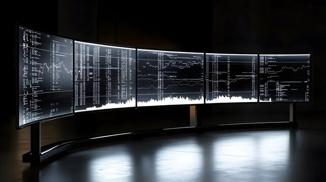 Curved monitors display stock market data, graphs, and financial information in a dark room.  The sleek setup suggests a high-tech trading environment. - Powered by Adobe