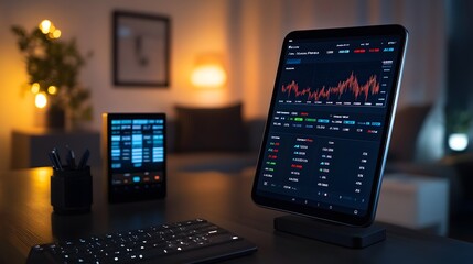 A tablet displays stock market data at night in a home office setting. A keyboard and smaller screen are also visible. Warm lighting creates a cozy atmosphere.