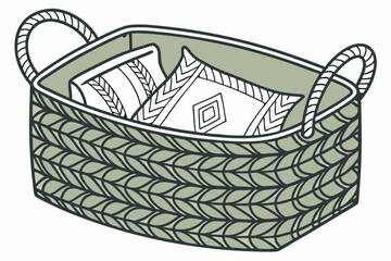 31 Woven fabric basket, dark sage green, textured surface, overlapping layers, rounded square shape, handles on sides, soft cushion design, minimalist style, modern home decor, intricate weave pattern