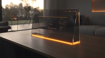 A sleek, transparent display with an orange LED base sits on a modern wooden table.  It showcases a futuristic interface with data visualizations and graphs, creating a minimalist, tech-forward scene.