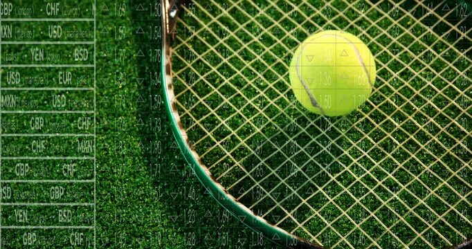Currency data being overlaid on tennis racket strings with ball resting on turf in flat design