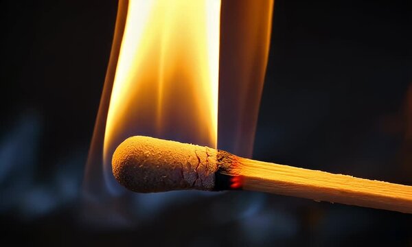 Matchstick ablaze, orange flame against dark
