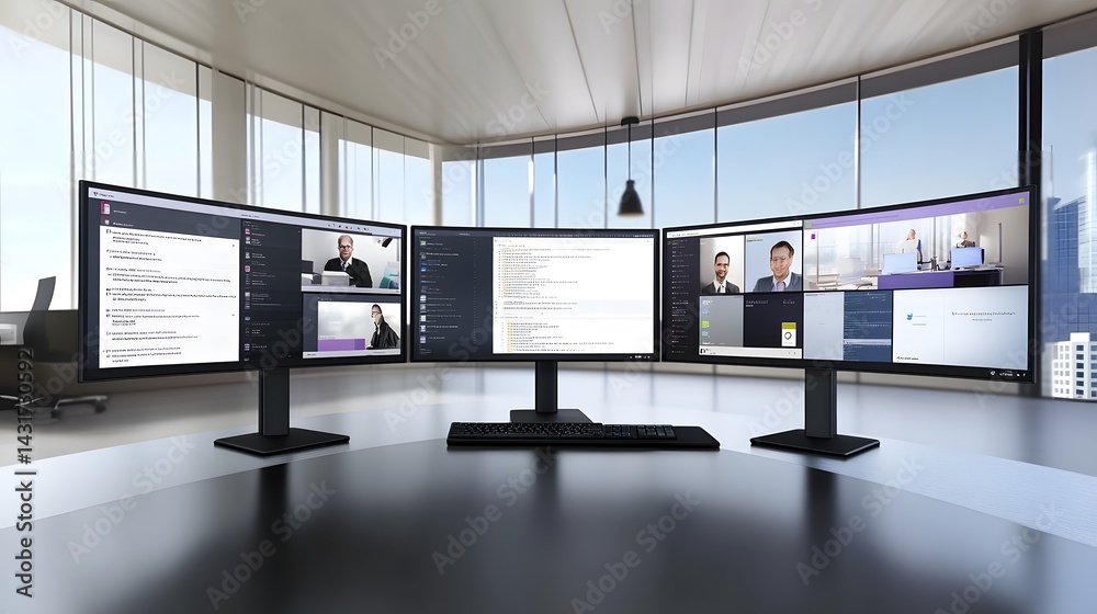 Poster modern office setup with four curved monitors displaying video conferencing, coding, and communicati