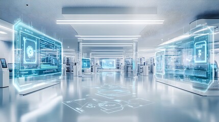 Futuristic cleanroom with holographic displays showing data processing and technological advancements.  Modern industrial design with sleek surfaces and bright lighting.