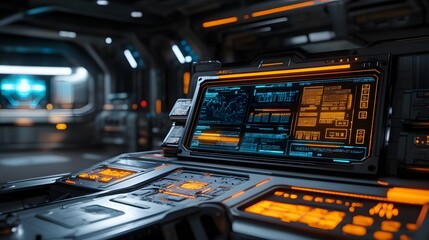Futuristic spaceship control panel with glowing orange accents and a detailed digital display showing various data streams and graphs. Sci-fi interior setting.