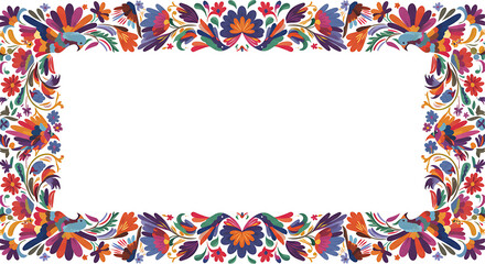Fototapeta premium Ornate Rectangular Frame: Colorful Mexican Otomi Embroidery with Birds and Flowers for Cinco de Mayo Celebrations, Folk Art Illustration on Black Background