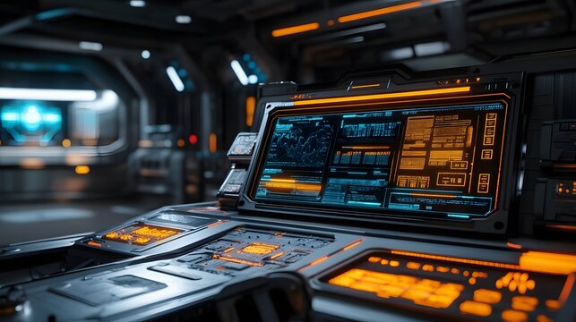 Futuristic spaceship control panel with glowing orange accents and a detailed digital display showing various data streams and graphs. Sci-fi interior setting.