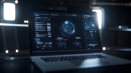 A futuristic laptop displays complex data visualizations, including world maps, charts, and graphs.