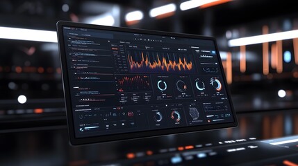 A futuristic computer screen displays a complex array of data visualizations, graphs, and code, suggesting advanced analytics or monitoring systems in a high-tech setting.