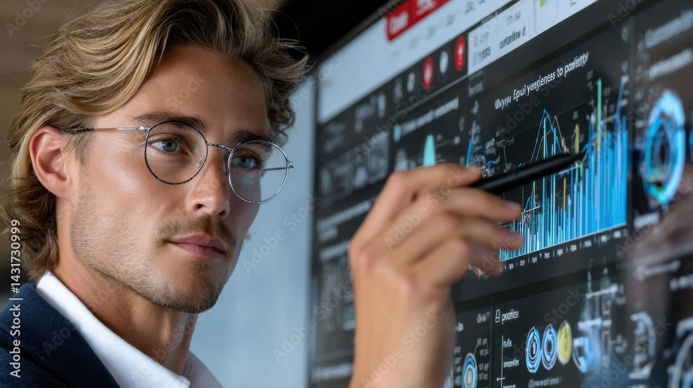 Aufkleber a man is looking at a computer screen with a red and white background