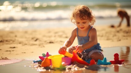 A happy child playing with water toys on a sunny beach, representing the joy of summer activities