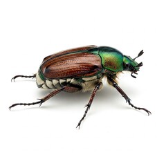 Fototapeta premium Green Beetle Close-Up on Leaf on White Isolated Background
