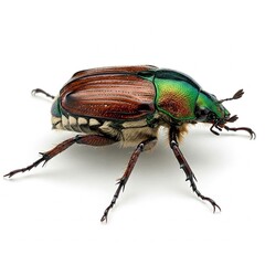 Fototapeta premium Japanese Beetle Macro on Leaf on White Isolated Background