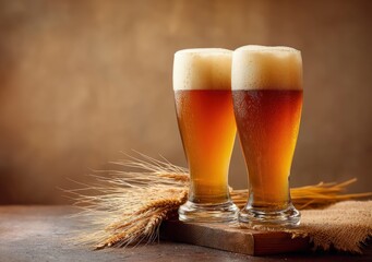 Two frothy beer glasses with golden amber tones placed on rustic wood beside wheat stalks. Ideal for craft beer branding, Oktoberfest visuals, and brewery advertising
