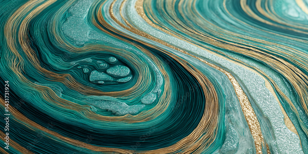 Poster teal and gold abstract swirl pattern, layered texture resembling precious stone, evokes luxury and e