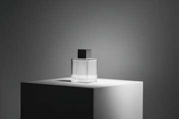 elegantly lit empty podium awaits perfume bottle casting subtle shadows stark minimalistic design