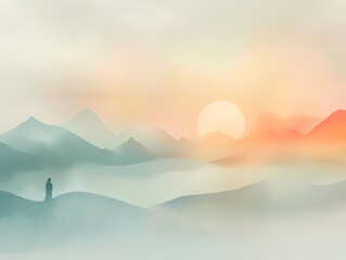 Solitary Figure in Misty Mountains Sunrise | JPG | 300 DPI