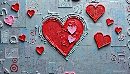 Abstract heart design. Red and pink hearts on a grey background