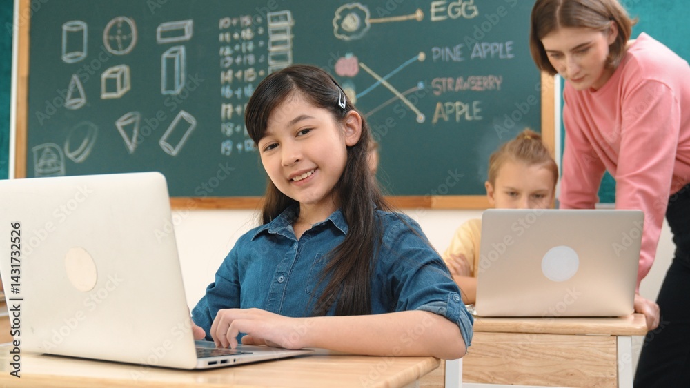 Poster smart asian girl looking at camera while coding engineering prompt. multicultural student learning a