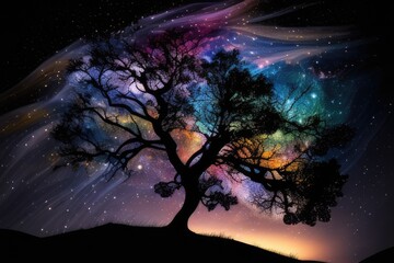 Silhouette of a tree with colorful swirling star trails in the night sky. Cosmic landscape. Background imahge of tree growing with vibrant color cosmic falling in starry sky. Surreal artwork. AIG51.
