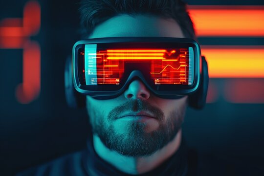 Businessman wearing futuristic vr goggles analyzing financial projections in metaverse