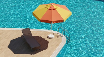 Sunshade umbrella and lounge chair by pool under strong sun