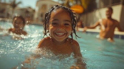 A happy family splashing in the pool, showcasing the joy and excitement of summer vacations together