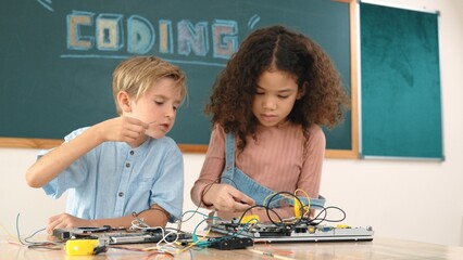 Smart girl standing while fixing electronic board by using screwdriver. Happy student and happy caucasian boy working together to inspect electric system. Curious children working on board. Pedagogy. © InfiniteFlow