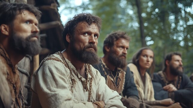 A group of bearded men sitting in a forest, thoughtfully looking into the distance