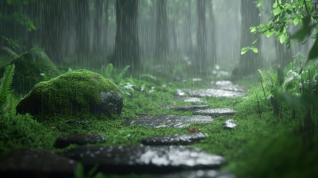 Rain on mossy rocks hidden path in the middle of dense forest background wallpaper AI generated image