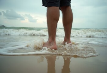 Bare Feet in Reflective Shallow Ocean Backdrop