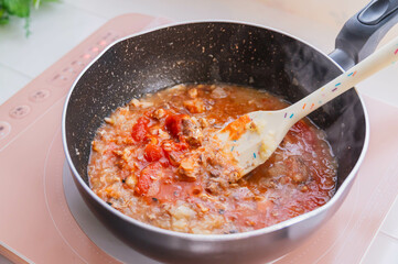 玉ねぎと鯖の水煮にホールトマトを加えて煮る