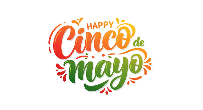Festive "Happy Cinco de Mayo" Lettering Design on Black Backdrop: Ornate Script Celebrates Holiday with Vibrant, Colorful Gradient Text and Decorative Flourishes for Mexican Heritage Celebrations