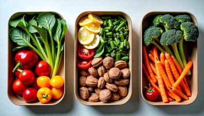 Healthy Meal Prep Containers with Vegetables, Nuts and Proteins