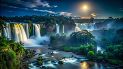 Fototapeta premium Majestic Iguazu Falls Night Photography: Panoramic Jungle View
