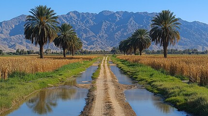 Obraz premium Serene Oasis: Palm Trees, Irrigation Canal, and Majestic Mountains