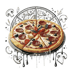Black and White Graphic Illustration of Pizza – Top-Down View, Dripping Cheese and Toppings, Bold Line Art

