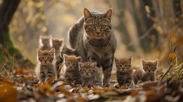 Felidae cat and kittens roam in woods, carnivorous felines in natural landscape