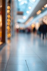 busy shopping center interior with blurred people in background offering ample copy space for text