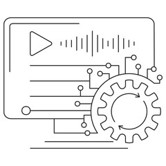 Obraz premium Icon of text and audio processing in AI featuring a monitor with waveform, play button, and gear, surrounded by circuit lines. Vector pictogram with thin black lines on transparent background, editabl