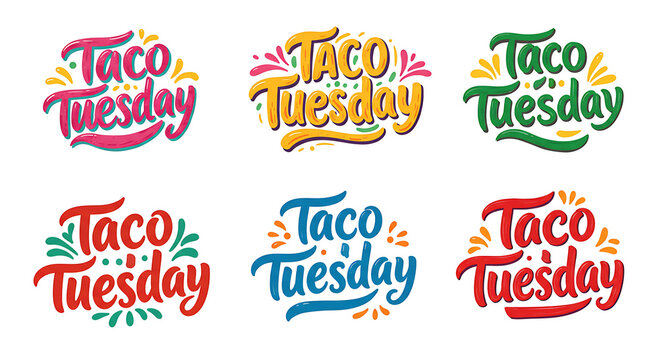 Taco Tuesday Variety: Colorful Typographic Logos Celebrating Mexican Food Culture with Playful Hand-Lettering Style on Black Background for Restaurant Promotion and Design