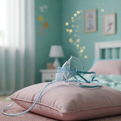 A child&rsquo;s nebulizer mask in a bedroom setting, pastel color palette.