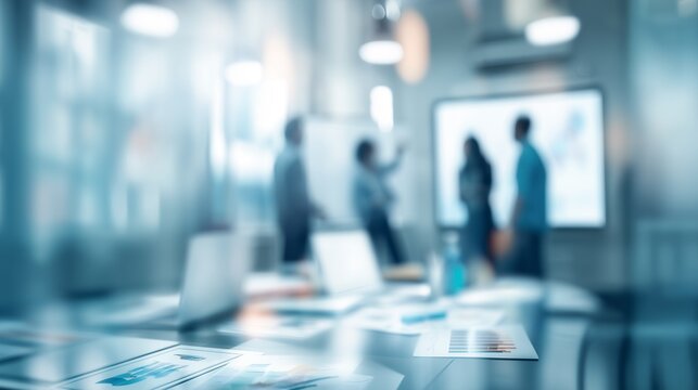 A blurred image of a modern office where a group of business people are giving a presentation.
