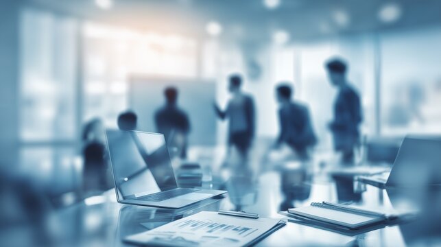 A blurred image of a modern office where a group of business people are giving a presentation.