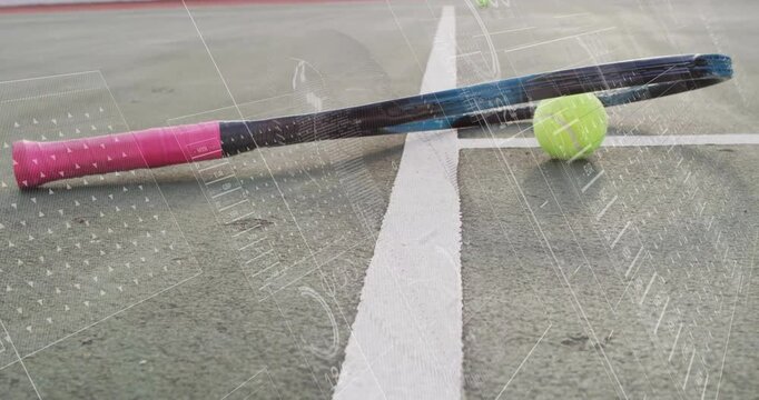 Tennis racket and neon ball being displayed diagonally on green court in 3D render illustration