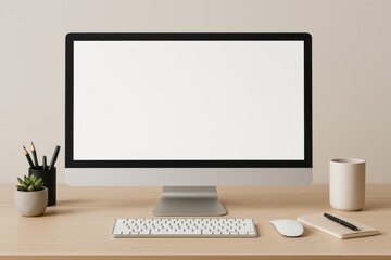 Minimalist workspace with desktop computer, keyboard, coffee mug, and plant on wooden desk