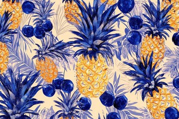 Repeating pattern of pineapples and blueberries in pastel colors.