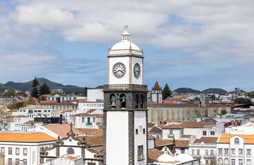 Parish Church of São Sebastião with clock tower in Ponta Delgada, on the island of São Miguel, Azores, Portugal.