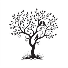 Tree with Birds Silhouette,Birds Sitting on Tree Branch,Tree Branch with Birds Vector,Black Tree with Birds Clipart,Nature Silhouette with Birds,Tree with Leaves and Birds Art,Minimal Tree and Birds